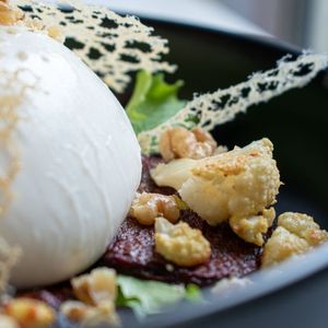 Summer Greens Salad with Burrata and Balsamic Pearls